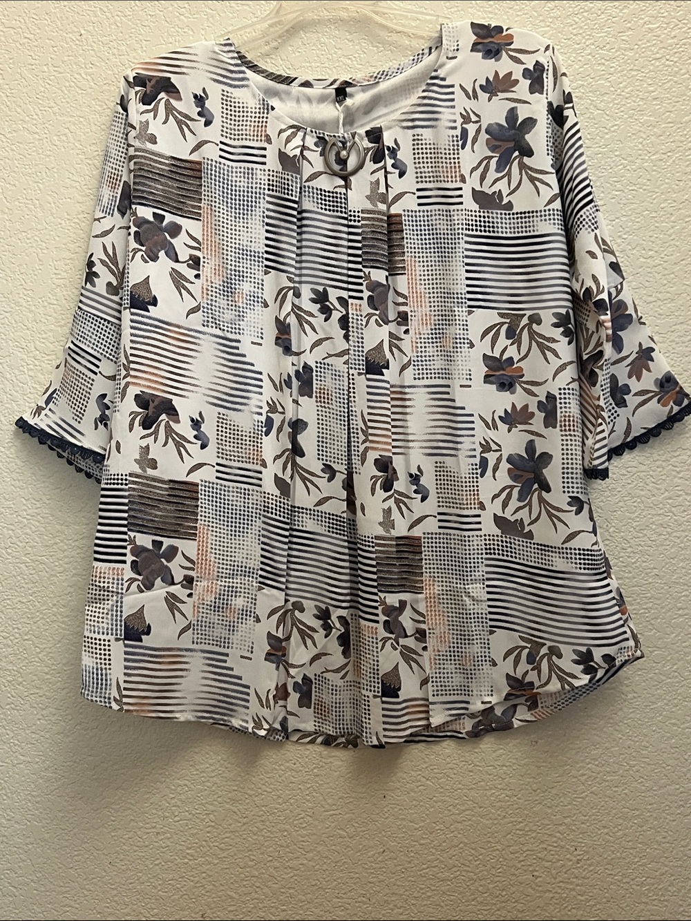 White Floral & Stripe Pleated Women's Top